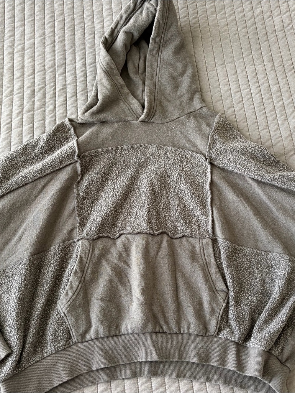 aerie Sherpa Patchwork Hoodie Mixed Media Oversized Gray Pullover Sweatshirt L - Picture 4 of 10